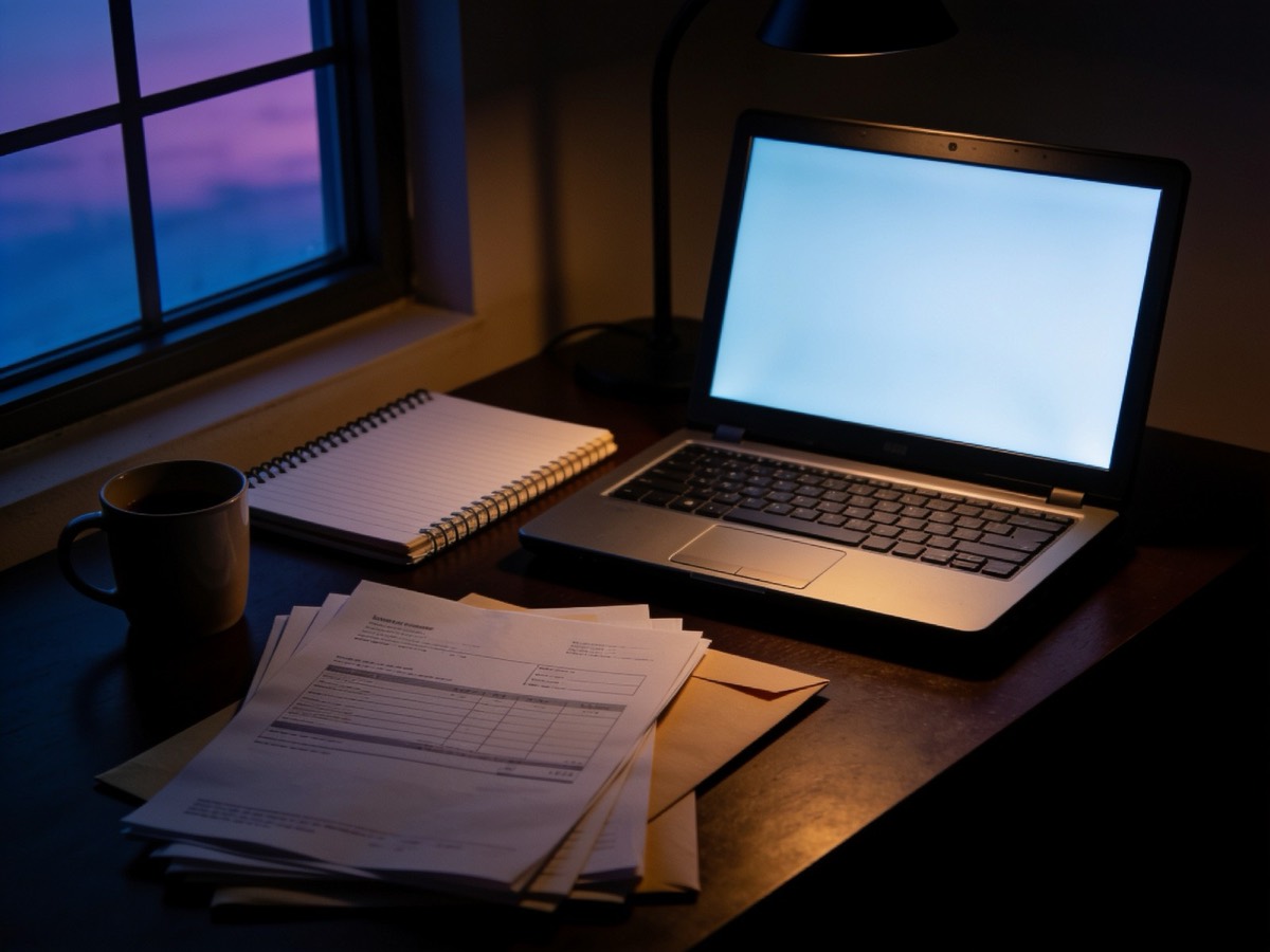 A small office desk at dusk with a laptop, a notebook and a stack of paperwork